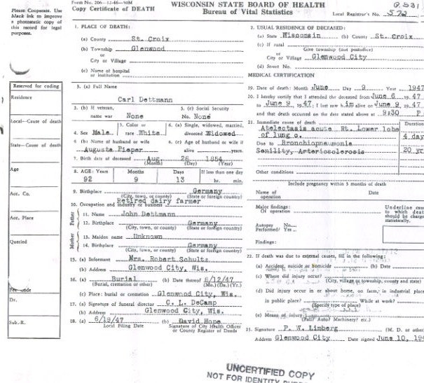 Carl Dettmann Death Certificate